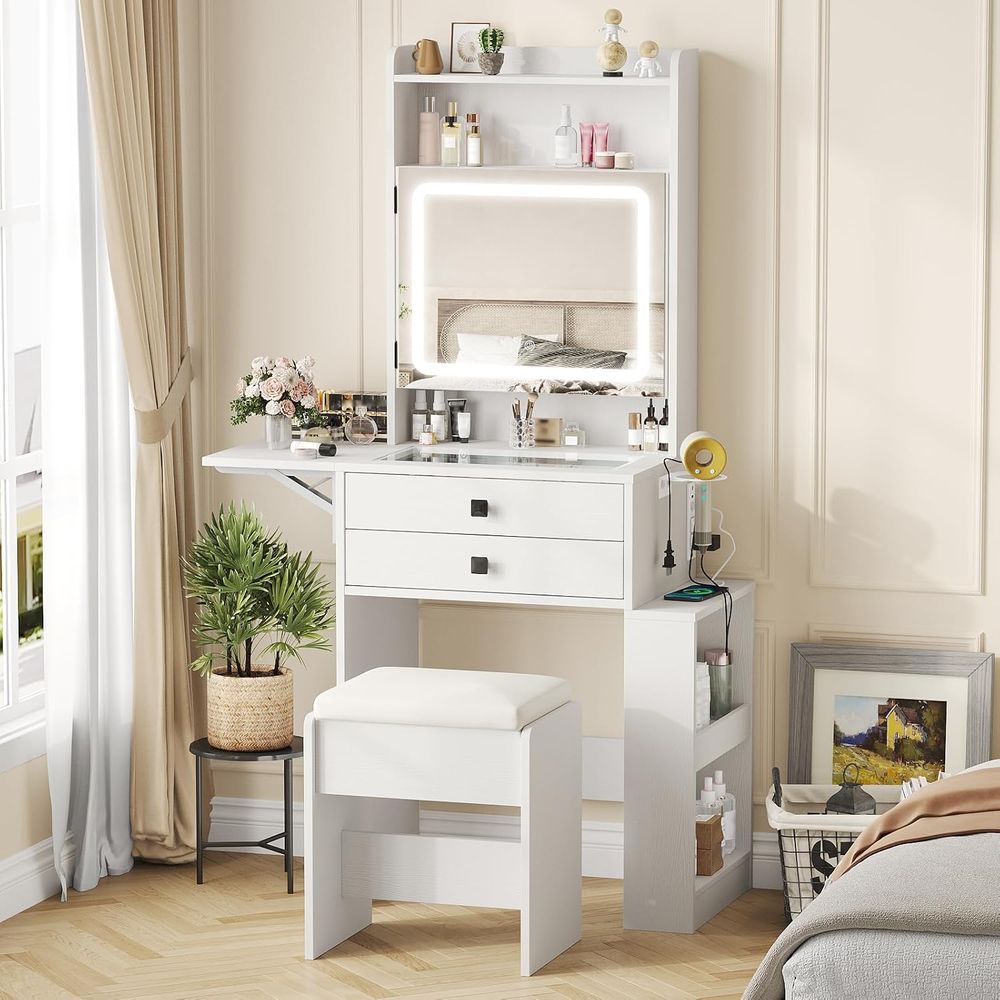 Desk Setup Small - โต๊ะเครื่องแป้งขนาดเล็ก Vabches พร้อมแผงด้านหลังแบบวินเทจ ชุดโต๊ะเครื่องแป้งสีขาว | โต๊ะกระจกหน้าเรียบพร้อมกระจกมีไฟปรับได้
