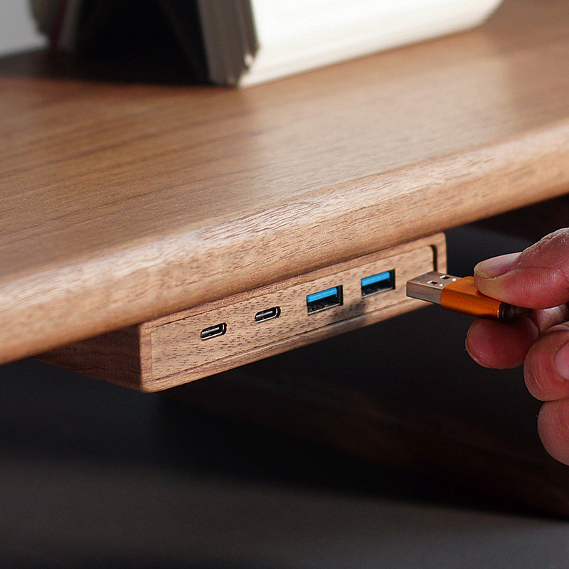 Monitor Riser Wood - ฮับ USB 3.2 พร้อมฐานติดตั้งแบบมีกาวในตัว, อุปกรณ์เสริมแท่นวางจอคอมพิวเตอร์แบบไม้, ตัวแยกสัญญาณข้อมูลความเร็วสูงสำหรับจัดระเบียบคอมพิวเตอร์
