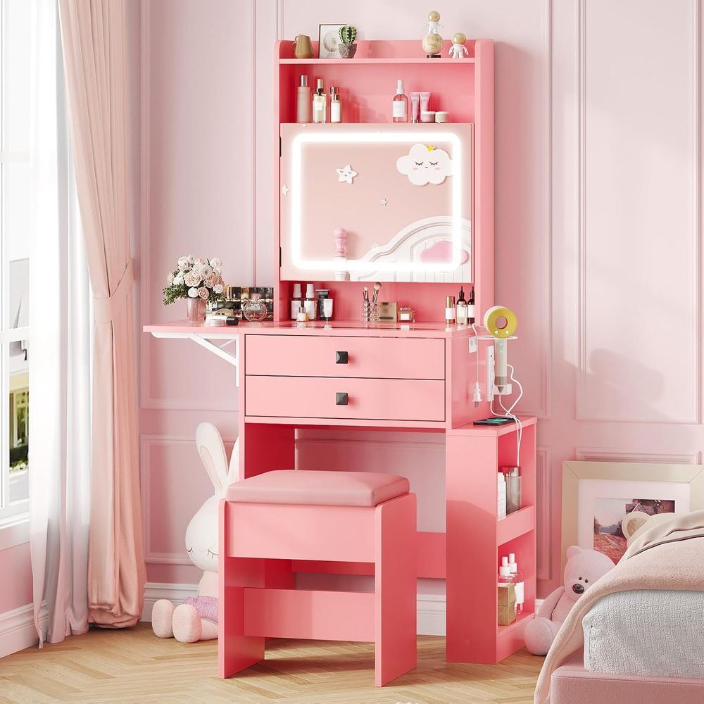 Desk Setup Small - โต๊ะเครื่องแป้งขนาดเล็ก Vabches พร้อมแผงตกแต่งสไตล์วินเทจ ชุดโต๊ะเครื่องแป้งสีชมพู | โต๊ะกระจกหน้าเรียบพร้อมกระจกมีไฟปรับได้