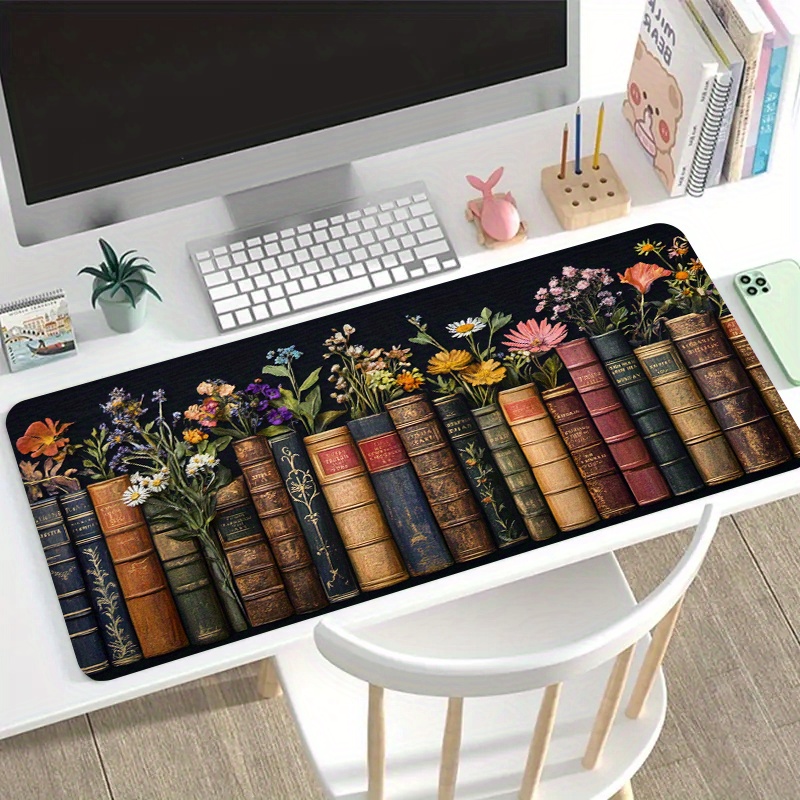 Desk Setup Books - แผ่นรองเมาส์เกมมิ่งขนาดใหญ่ ลายหนังสือวินเทจ ลายดอกไม้ป่า ยางกันลื่น ซักล้างได้ แผ่นรองโต๊ะแบบขยาย