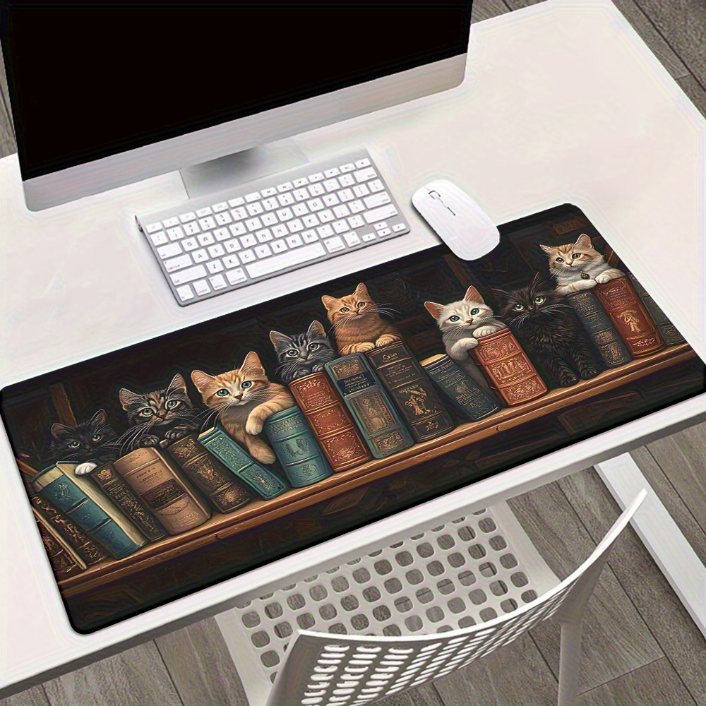 Desk Setup Books - แผ่นรองเมาส์ลายแมวน่ารักบนหนังสือ แผ่นรองโต๊ะยางขนาดใหญ่สำหรับเล่นเกม สำนักงาน บ้าน ห้องเรียน