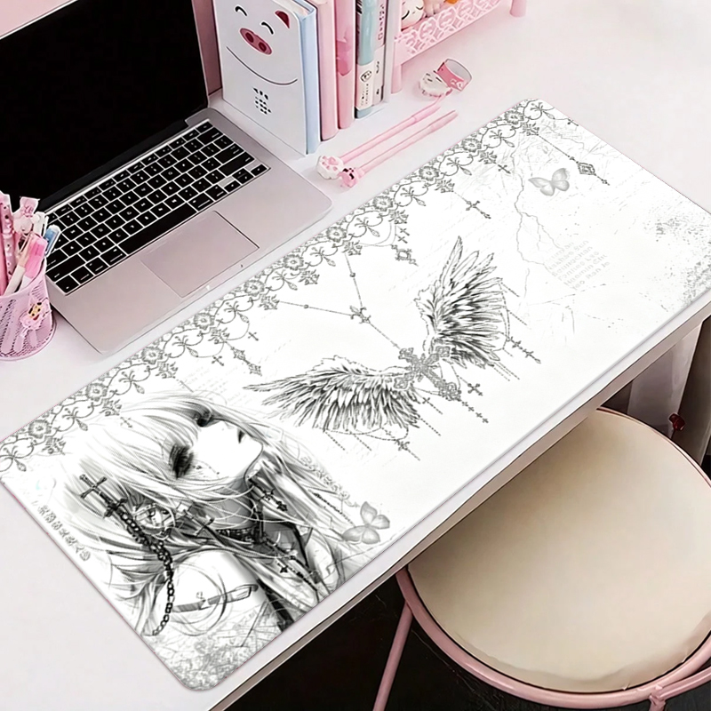 Desk Setup Rug - แผ่นรองเมาส์หนังสีดำสีขาวอะนิเมะความงามของสาวนางฟ้าแผ่นรองเมาส์อุปกรณ์สำนักงานคีย์บอร์ดเกมพีซีอีสปอร์ต HD แผ่นรองโต๊ะ