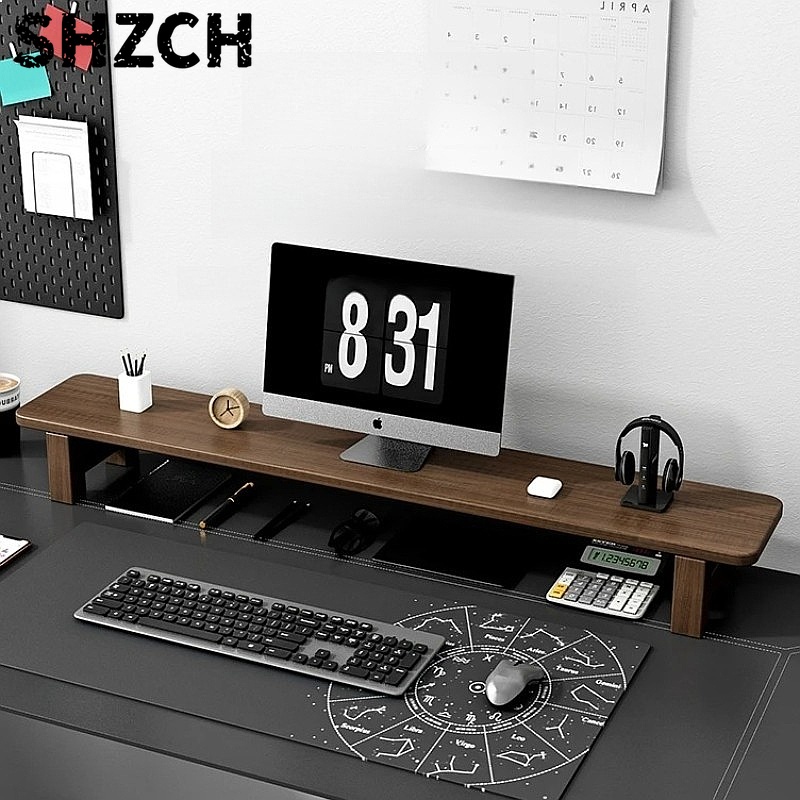 Monitor Riser Wood - แท่นวางจอคอมพิวเตอร์วอลนัท ปรับระดับได้ ทำจากไม้เนื้อแข็ง พร้อมชั้นวางของ